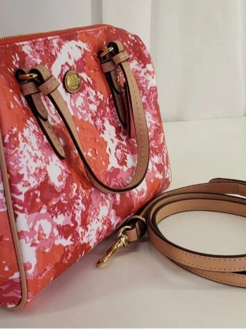Coach Mini Benton Peyton Satchel/Crossbody in Orange,Red & Pink, Vaccheta Trim